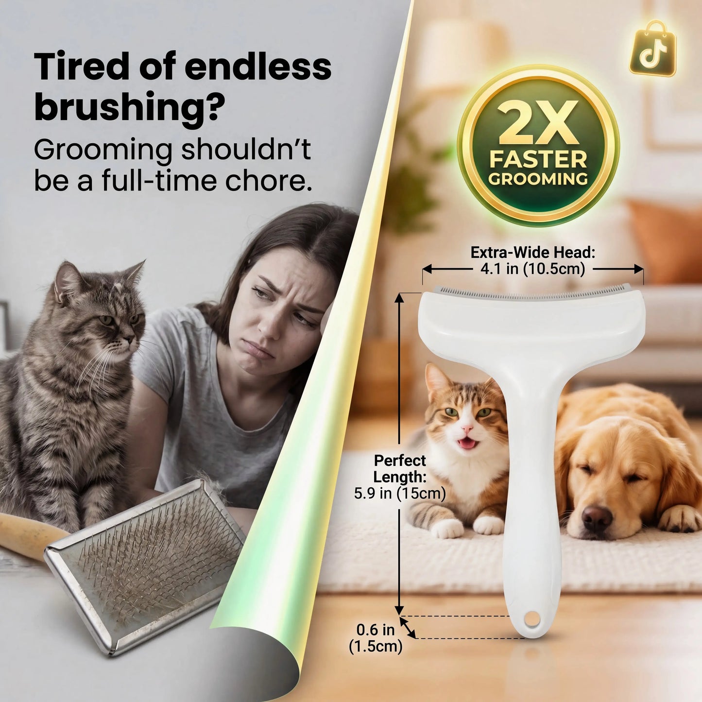 Professional Pet Deshedding Brush - Compact Undercoat Rake with Dense Teeth for Gentle Fur Removal in Long-Haired Dogs and Cats, Premium Plastic Design for Easy Daily Grooming and Dematting