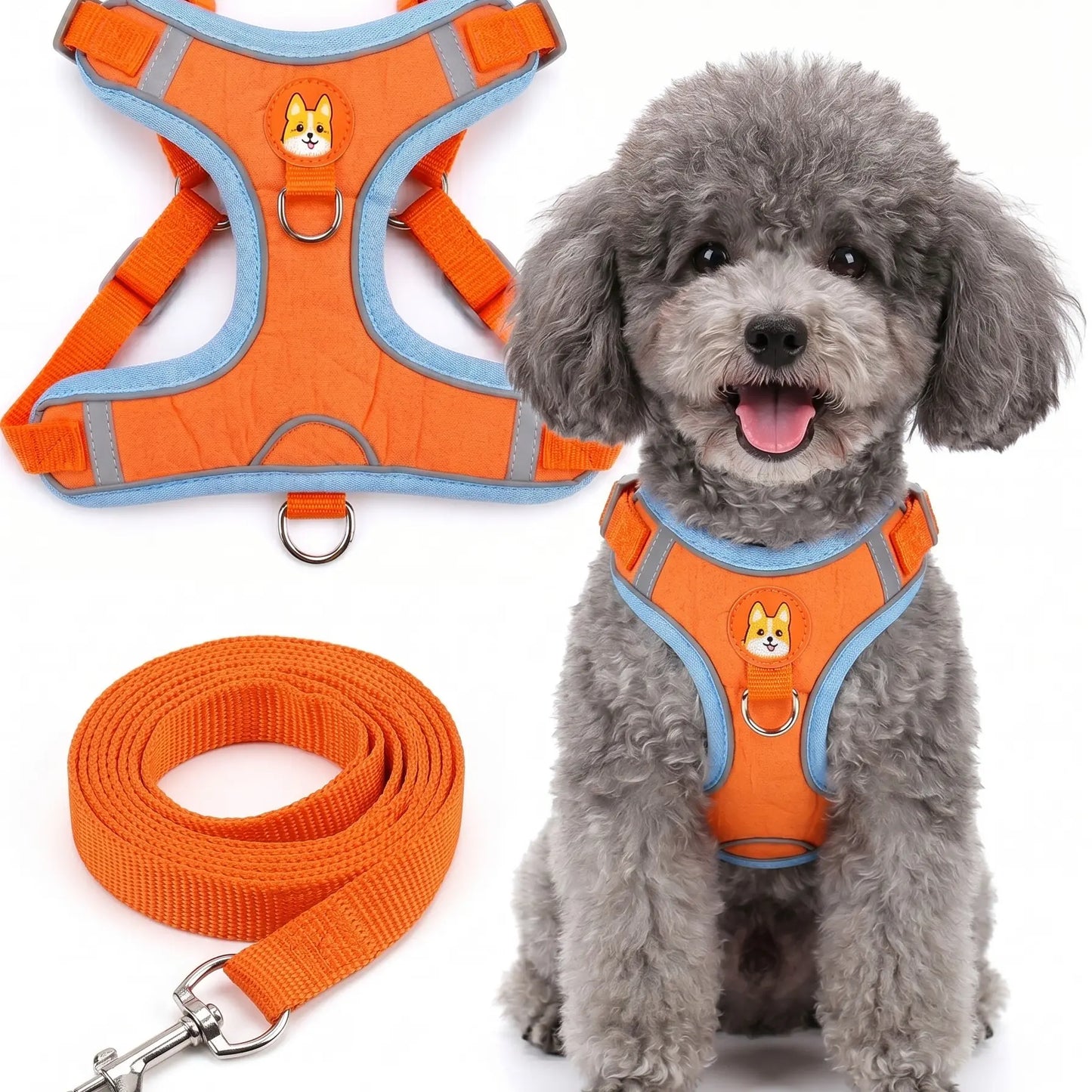 Adjustable Pet Harness and Leash Set - Soft Suede Vest, Durable and Reflective, Tangle-Free Leash for Convenient Walking, Perfect for Daily Use and Nighttime Outdoor Activities