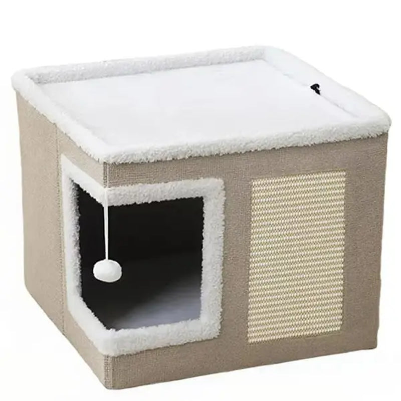 Large Indoor Cat Bed, Soft Foldable Cat Cave with Sisal Scratch Pad and Hanging Fluffy Ball, 16.5" x 16.5" x 14", Grey