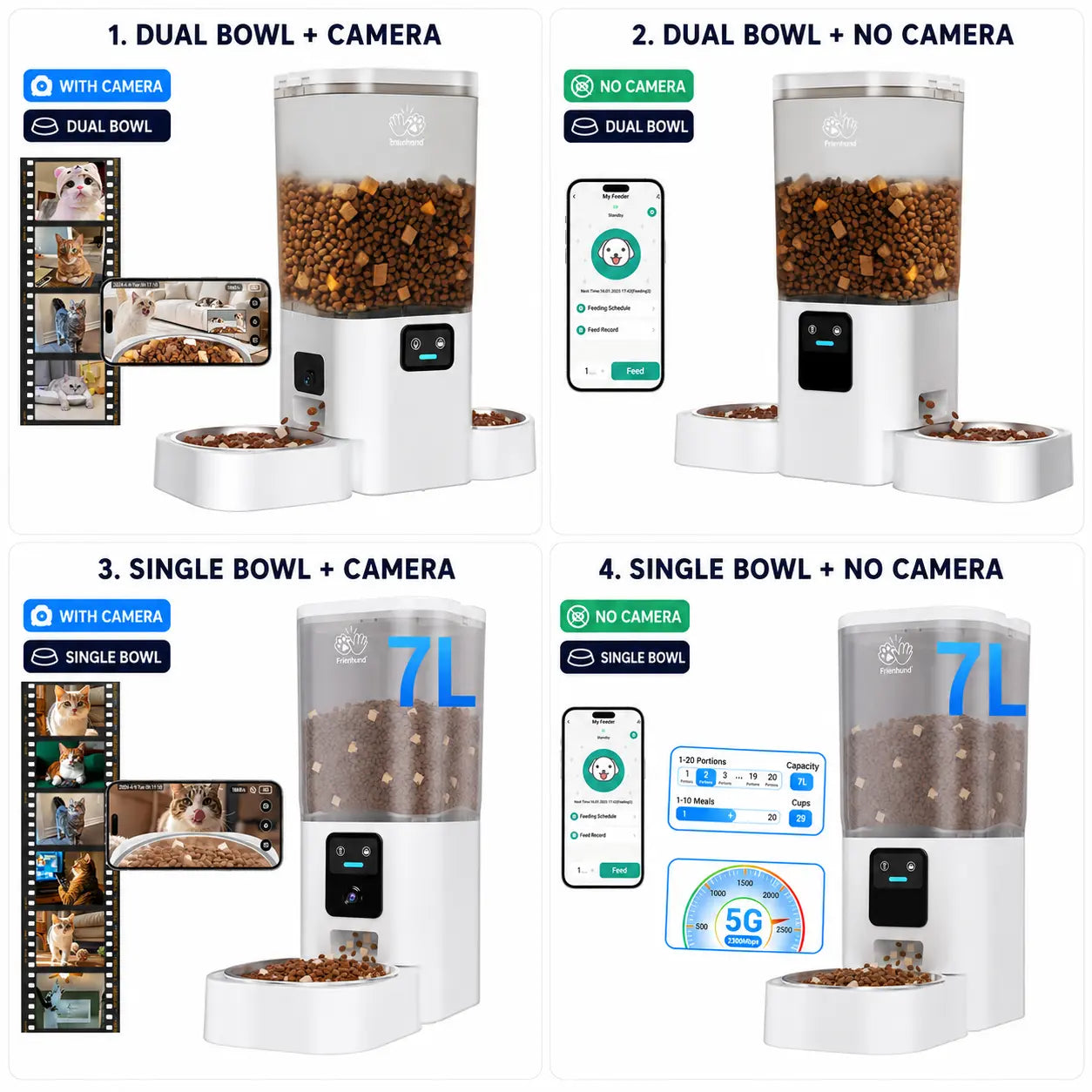 Frienhund Smart Pet Feeder with Dual Camera Options – 7L Capacity, 1080P HD Monitoring, Night Vision, App Control, Timed Feeding, and Dual Stainless Steel Bowls for Multi-Pet Homes