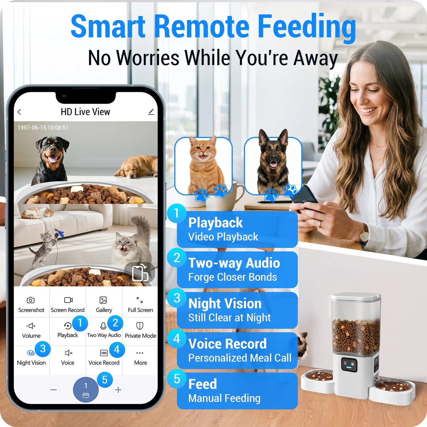 Frienhund Smart Pet Feeder with Dual Camera Options – 7L Capacity, 1080P HD Monitoring, Night Vision, App Control, Timed Feeding, and Dual Stainless Steel Bowls for Multi-Pet Homes