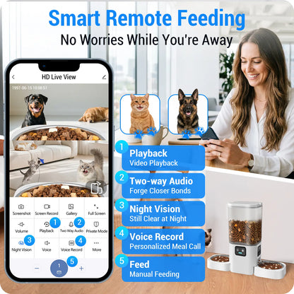 Frienhund Smart Pet Feeder with Dual Camera Options – 7L Capacity, 1080P HD Monitoring, Night Vision, App Control, Timed Feeding, and Dual Stainless Steel Bowls for Multi-Pet Homes
