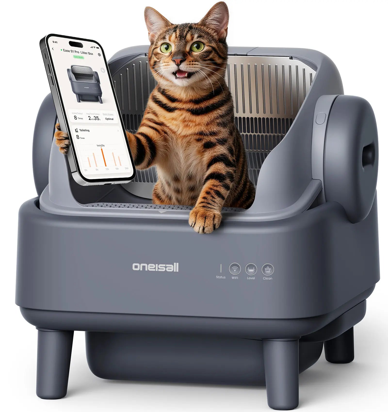 Oneisall Smart Self-Cleaning Litter Box , Open-Top Easy Rinse Structure, APP Remote Control, 11L Big Waste Drawer for Adult Large Cats