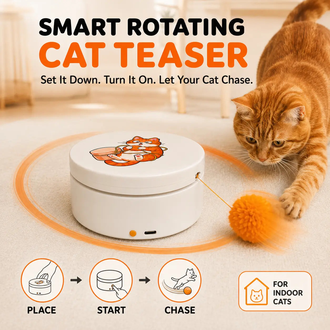 Smart Rotating Cat Teaser, Rechargeable Interactive Cat Toy with 5 Play Modes, Touch-To-Wake, Auto Sleep, Multi-Surface Mounting and Replaceable String for Indoor Cats & Kittens
