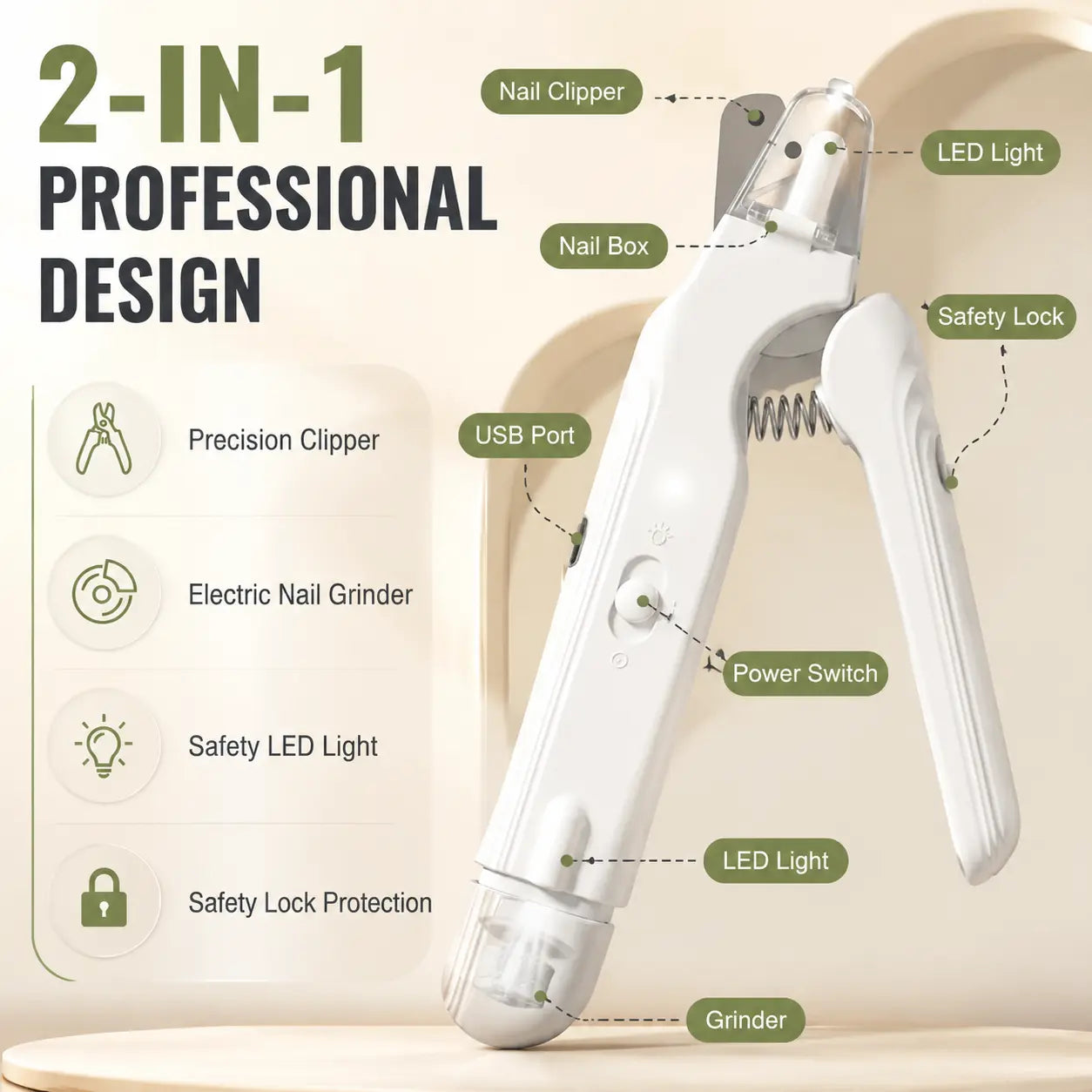 2-in-1 Dog Nail Grinder and Clipper with LED Lights for All Dog and Cat Sizes