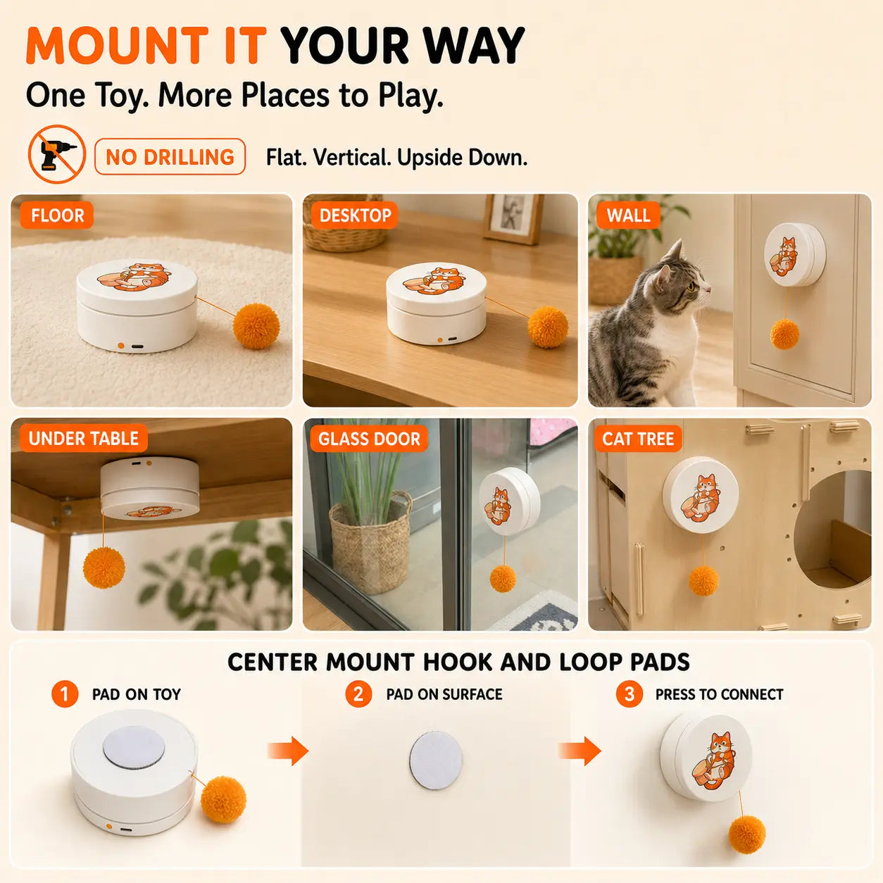 Smart Rotating Cat Teaser, Rechargeable Interactive Cat Toy with 5 Play Modes, Touch-To-Wake, Auto Sleep, Multi-Surface Mounting and Replaceable String for Indoor Cats & Kittens