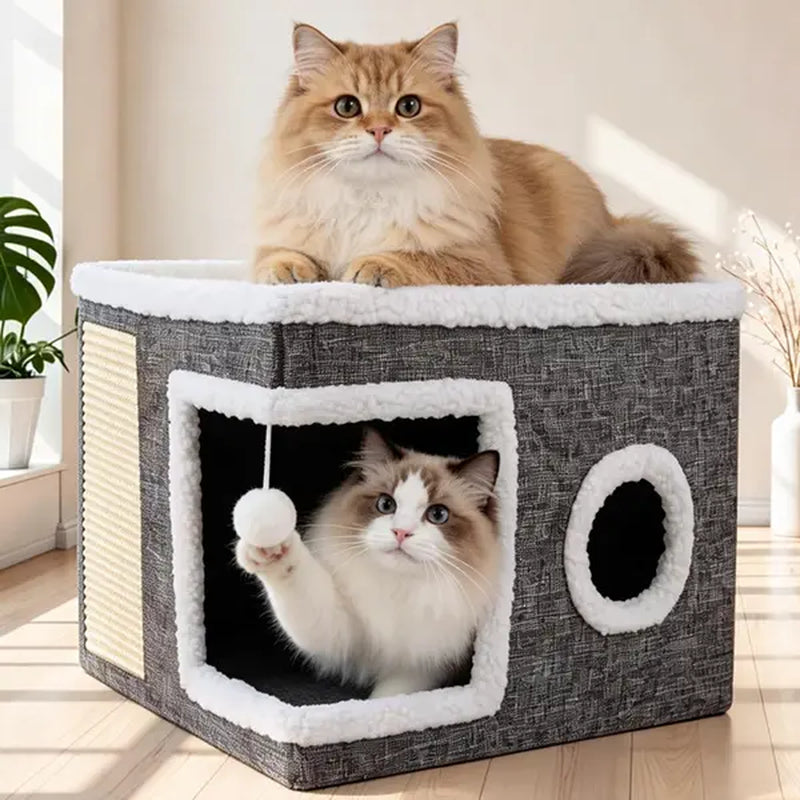 Large Indoor Cat Bed, Soft Foldable Cat Cave with Sisal Scratch Pad and Hanging Fluffy Ball, 16.5" x 16.5" x 14", Grey