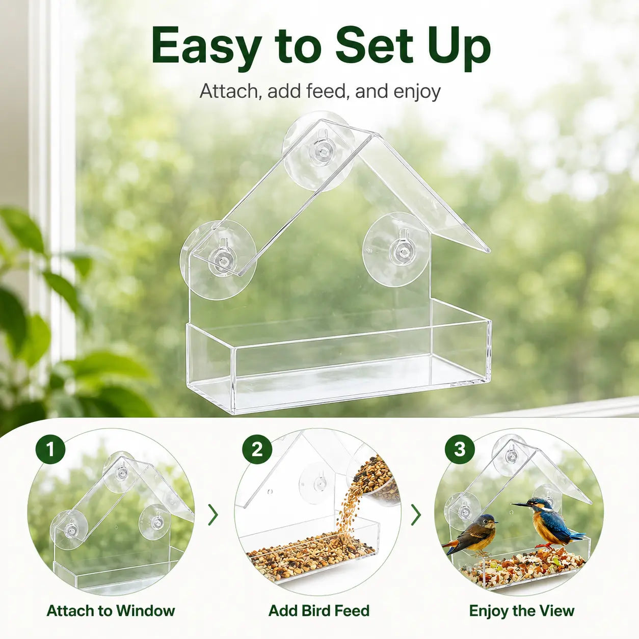 Clear Window Bird Feeder with Suction Cups - House-Shaped Tray for Bird Watching