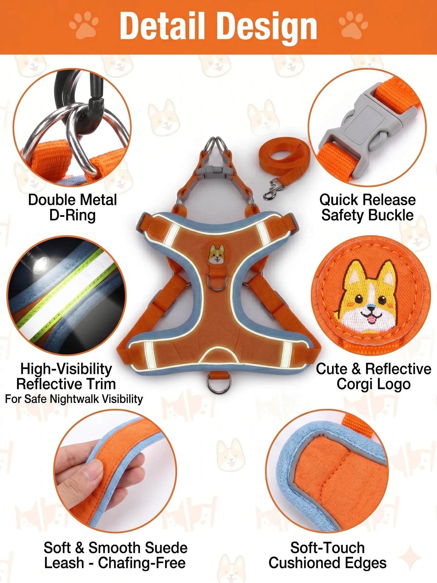Adjustable Pet Harness and Leash Set - Soft Suede Vest, Durable and Reflective, Tangle-Free Leash for Convenient Walking, Perfect for Daily Use and Nighttime Outdoor Activities