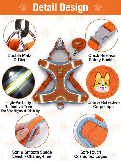 Adjustable Pet Harness and Leash Set - Soft Suede Vest, Durable and Reflective, Tangle-Free Leash for Convenient Walking, Perfect for Daily Use and Nighttime Outdoor Activities
