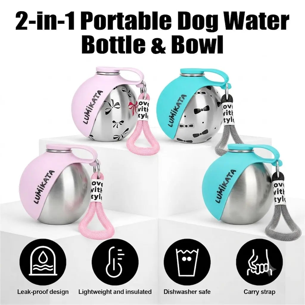 Lumikata 2 in 1 Portable Tumbler for Dogs,Portable Dog Water Ball,10Oz Stainless Steel Dog Water Bottle with Silicone Foldable Bowl, Leak-Proof 2 in 1 Portable Small Dog Water Bottle for Walking