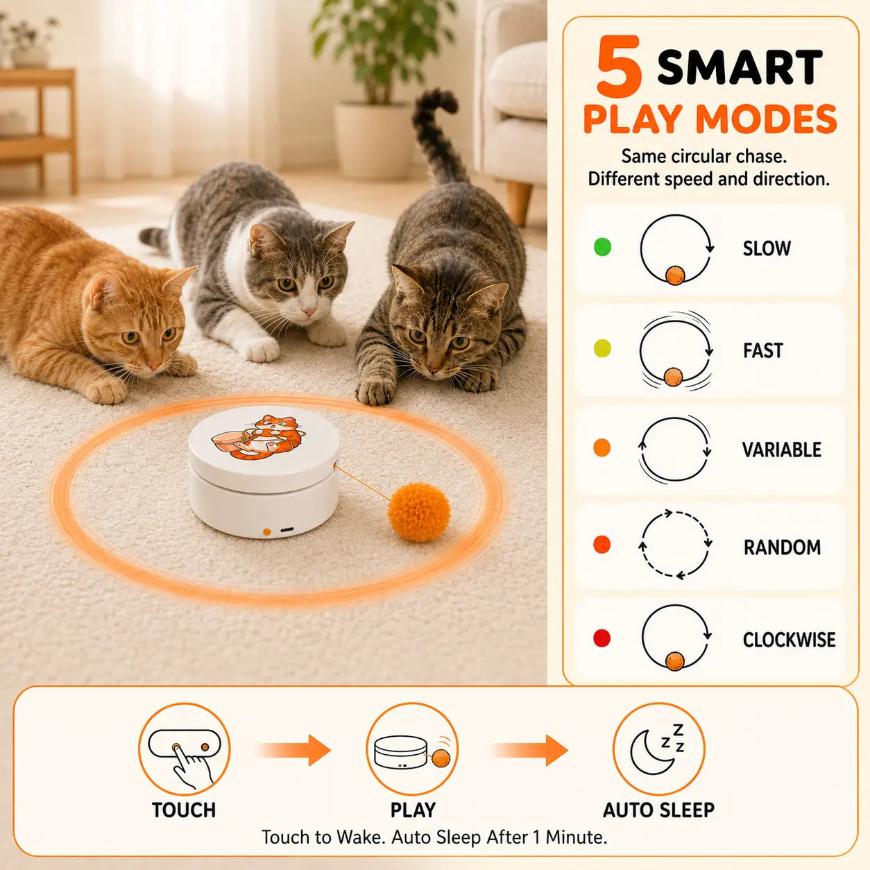 Smart Rotating Cat Teaser, Rechargeable Interactive Cat Toy with 5 Play Modes, Touch-To-Wake, Auto Sleep, Multi-Surface Mounting and Replaceable String for Indoor Cats & Kittens
