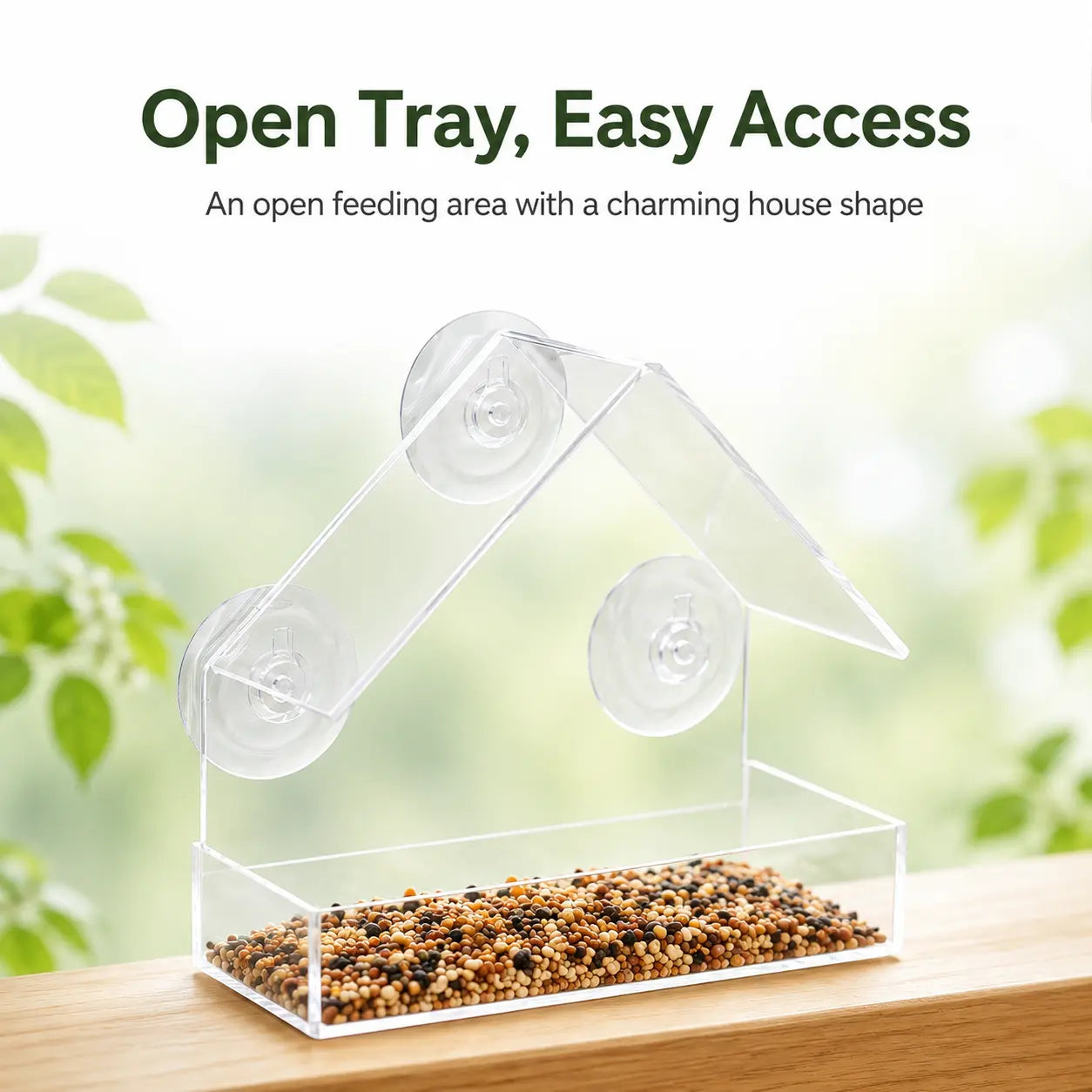 Clear Window Bird Feeder with Suction Cups - House-Shaped Tray for Bird Watching