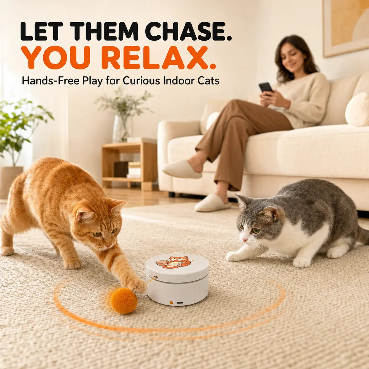 Smart Rotating Cat Teaser, Rechargeable Interactive Cat Toy with 5 Play Modes, Touch-To-Wake, Auto Sleep, Multi-Surface Mounting and Replaceable String for Indoor Cats & Kittens