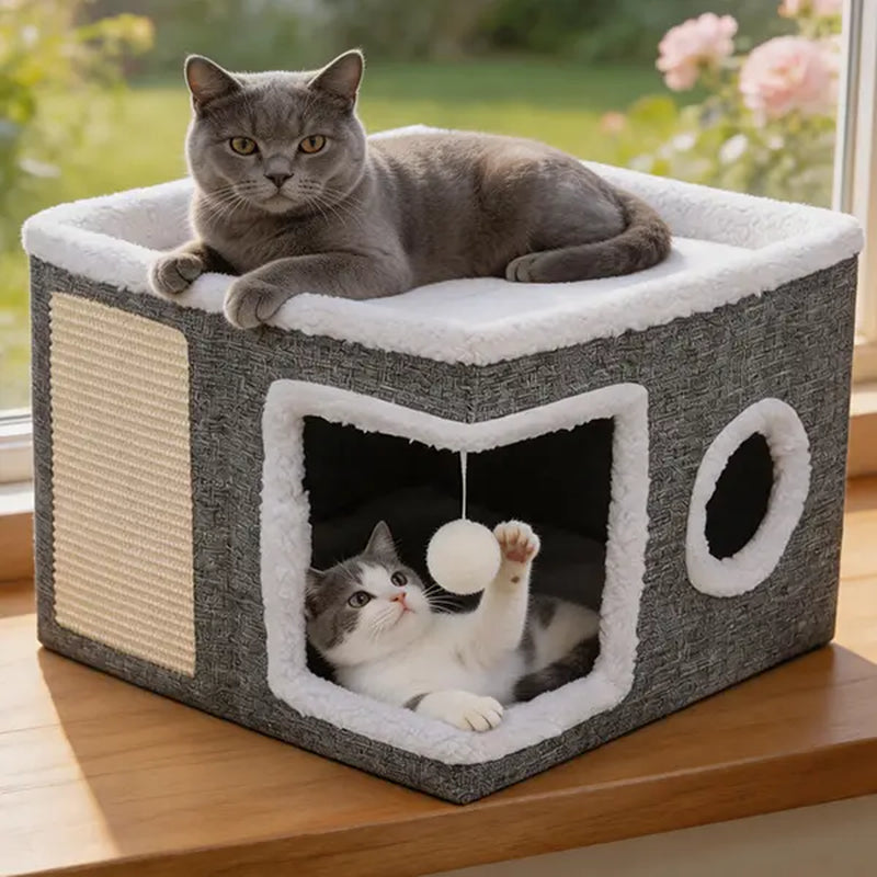 Large Indoor Cat Bed, Soft Foldable Cat Cave with Sisal Scratch Pad and Hanging Fluffy Ball, 16.5" x 16.5" x 14", Grey