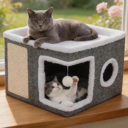 Large Indoor Cat Bed, Soft Foldable Cat Cave with Sisal Scratch Pad and Hanging Fluffy Ball, 16.5" x 16.5" x 14", Grey