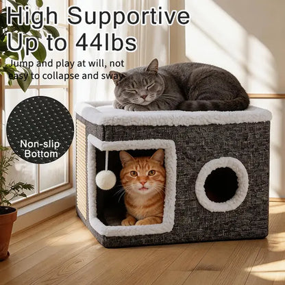 Large Indoor Cat Bed, Soft Foldable Cat Cave with Sisal Scratch Pad and Hanging Fluffy Ball, 16.5" x 16.5" x 14", Grey