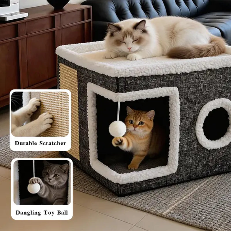 Large Indoor Cat Bed, Soft Foldable Cat Cave with Sisal Scratch Pad and Hanging Fluffy Ball, 16.5" x 16.5" x 14", Grey