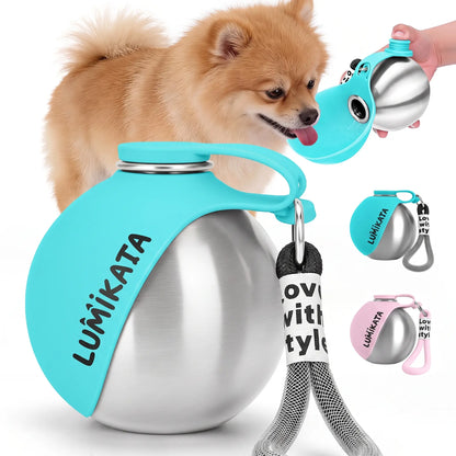 Lumikata 2 in 1 Portable Tumbler for Dogs,Portable Dog Water Ball,10Oz Stainless Steel Dog Water Bottle with Silicone Foldable Bowl, Leak-Proof 2 in 1 Portable Small Dog Water Bottle for Walking