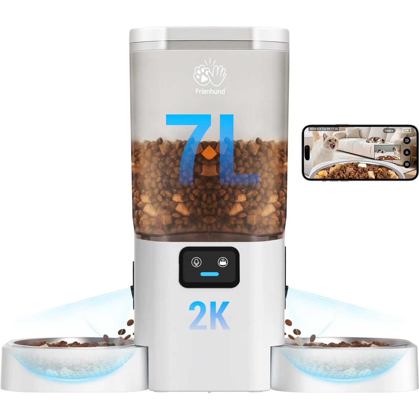 Frienhund Smart Pet Feeder with Dual Camera Options – 7L Capacity, 1080P HD Monitoring, Night Vision, App Control, Timed Feeding, and Dual Stainless Steel Bowls for Multi-Pet Homes