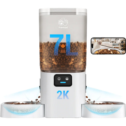Frienhund Smart Pet Feeder with Dual Camera Options – 7L Capacity, 1080P HD Monitoring, Night Vision, App Control, Timed Feeding, and Dual Stainless Steel Bowls for Multi-Pet Homes