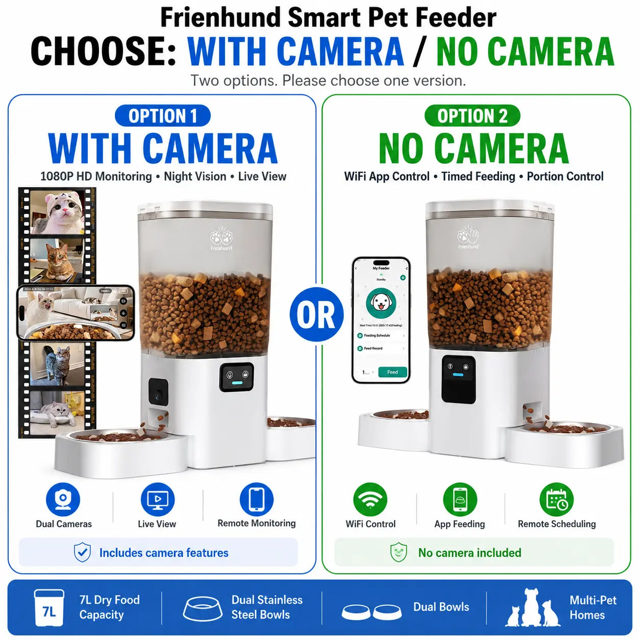 Frienhund Smart Pet Feeder with Dual Camera Options – 7L Capacity, 1080P HD Monitoring, Night Vision, App Control, Timed Feeding, and Dual Stainless Steel Bowls for Multi-Pet Homes