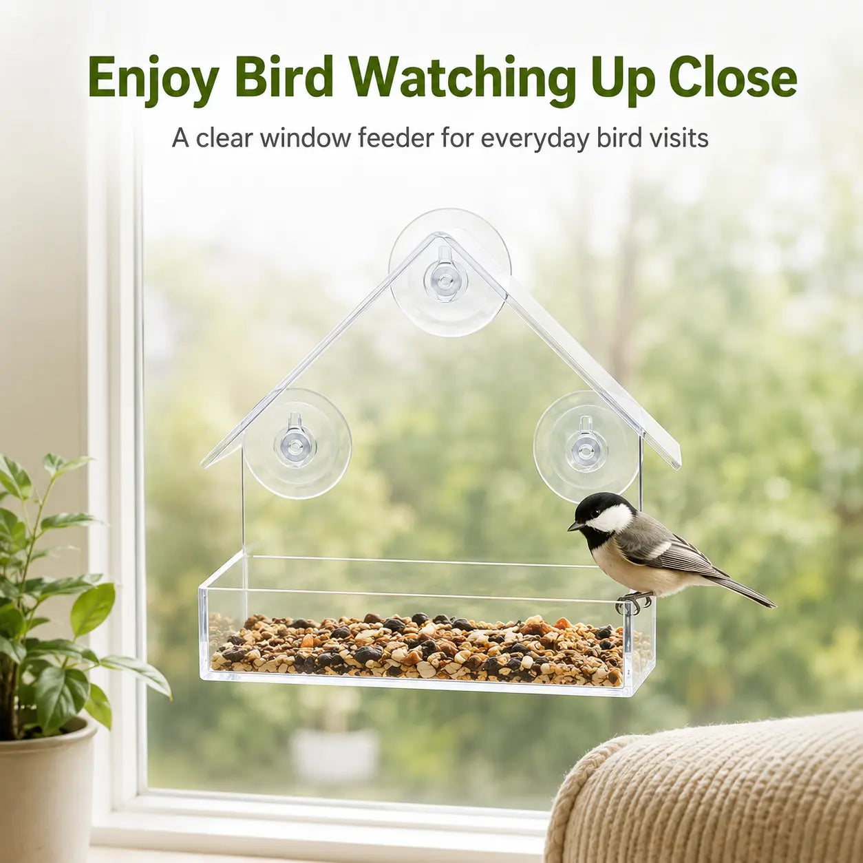 Clear Window Bird Feeder with Suction Cups - House-Shaped Tray for Bird Watching