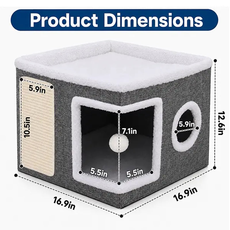 Large Indoor Cat Bed, Soft Foldable Cat Cave with Sisal Scratch Pad and Hanging Fluffy Ball, 16.5" x 16.5" x 14", Grey