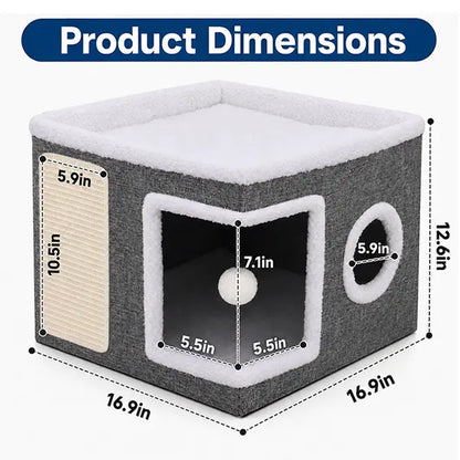 Large Indoor Cat Bed, Soft Foldable Cat Cave with Sisal Scratch Pad and Hanging Fluffy Ball, 16.5" x 16.5" x 14", Grey