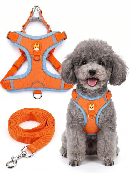 Adjustable Pet Harness and Leash Set - Soft Suede Vest, Durable and Reflective, Tangle-Free Leash for Convenient Walking, Perfect for Daily Use and Nighttime Outdoor Activities