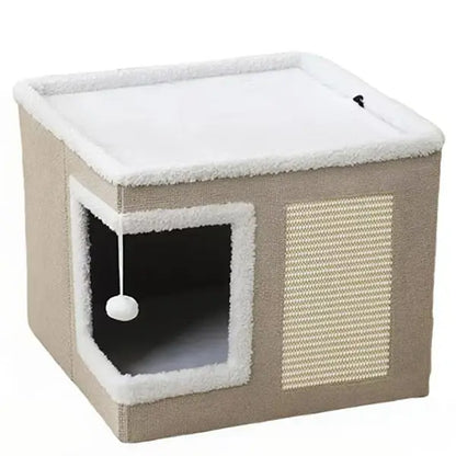 Large Indoor Cat Bed, Soft Foldable Cat Cave with Sisal Scratch Pad and Hanging Fluffy Ball, 16.5" x 16.5" x 14", Grey