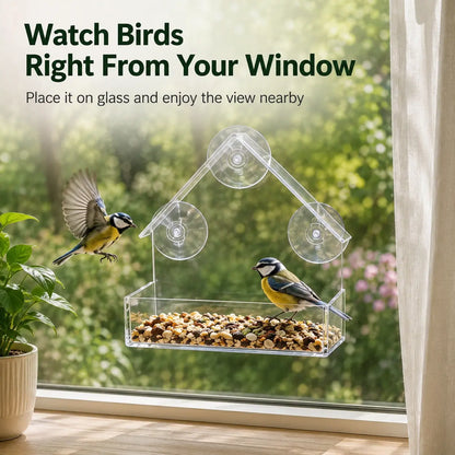 Clear Window Bird Feeder with Suction Cups - House-Shaped Tray for Bird Watching