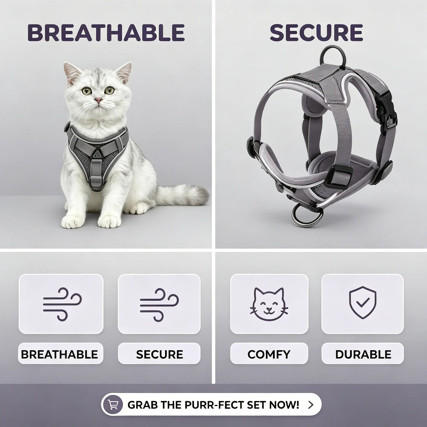 Adjustable Escape-Proof Cat Harness and Leash Set with Reflective Strip and Soft Mesh Vest for Safe Walking - Includes Breathable Summer Version