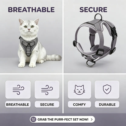 Adjustable Escape-Proof Cat Harness and Leash Set with Reflective Strip and Soft Mesh Vest for Safe Walking - Includes Breathable Summer Version