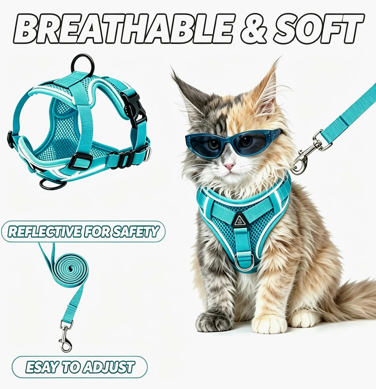 Adjustable Escape-Proof Cat Harness and Leash Set with Reflective Strip and Soft Mesh Vest for Safe Walking - Includes Breathable Summer Version