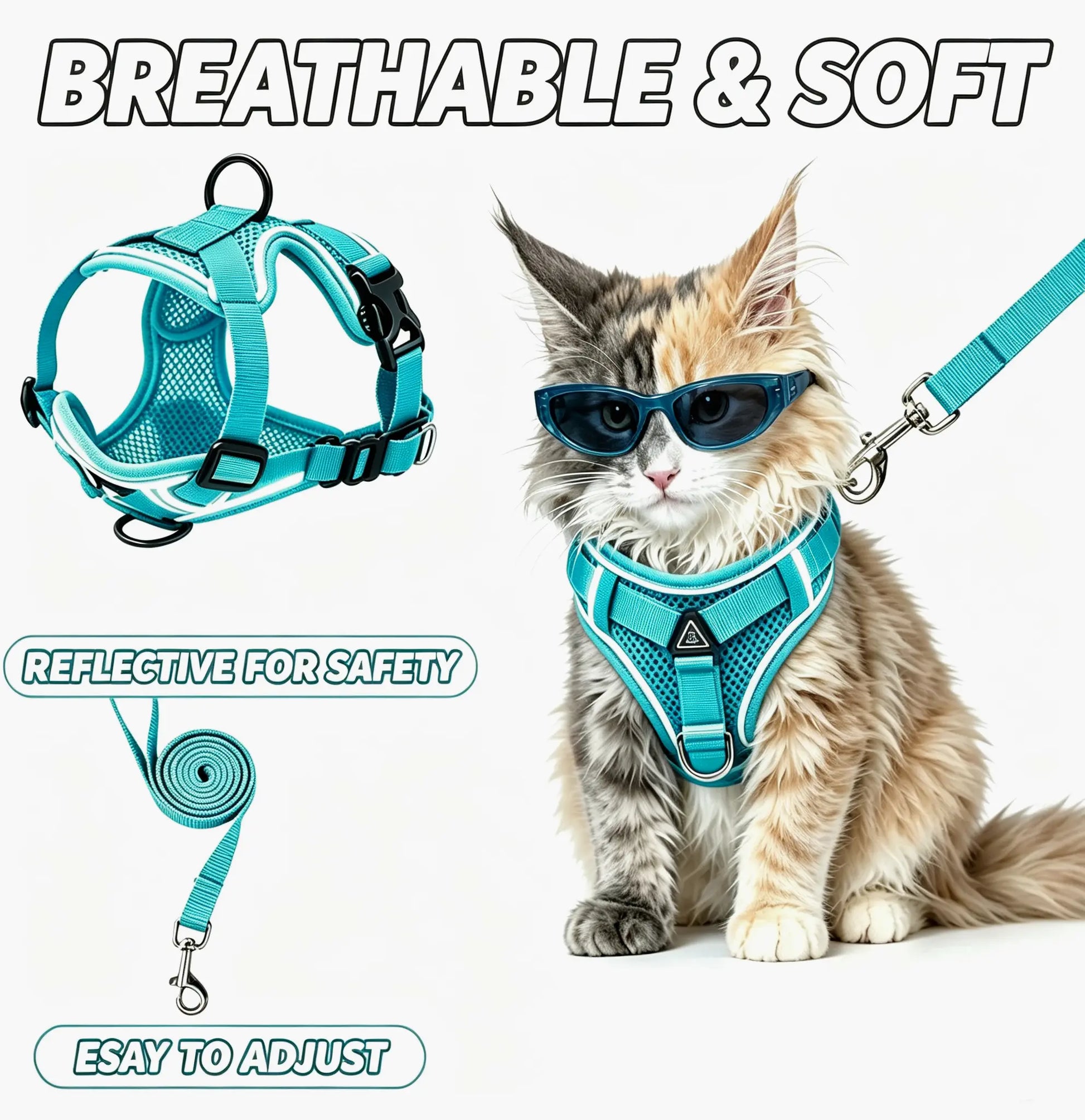 Adjustable Escape-Proof Cat Harness and Leash Set with Reflective Strip and Soft Mesh Vest for Safe Walking - Includes Breathable Summer Version