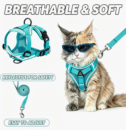 Adjustable Escape-Proof Cat Harness and Leash Set with Reflective Strip and Soft Mesh Vest for Safe Walking - Includes Breathable Summer Version