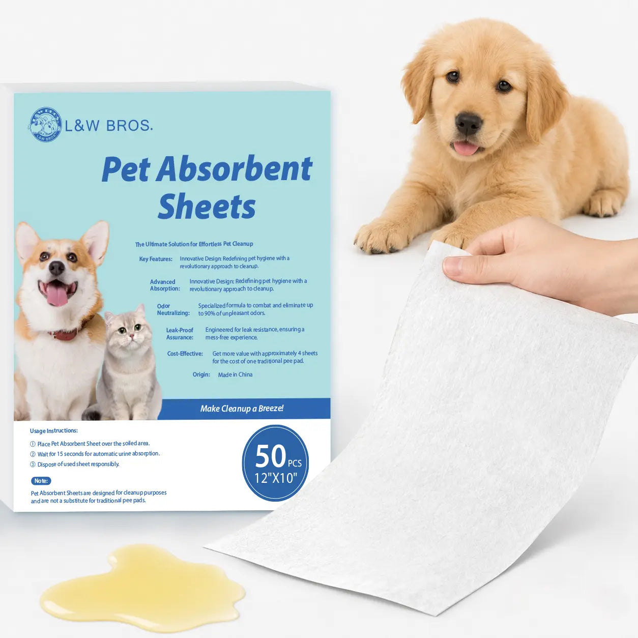 L&W BROS. Quick Absorbent Pet Sheets - Advanced Solution for Dog Urine Stain and Odor Removal