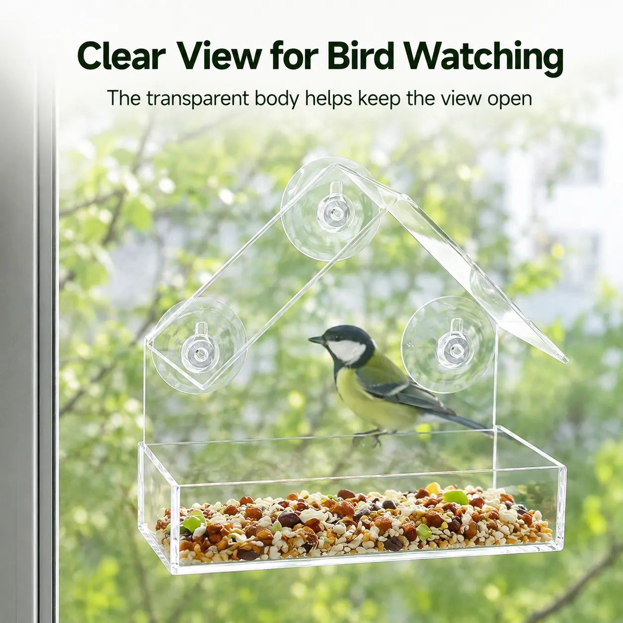 Clear Window Bird Feeder with Suction Cups - House-Shaped Tray for Bird Watching