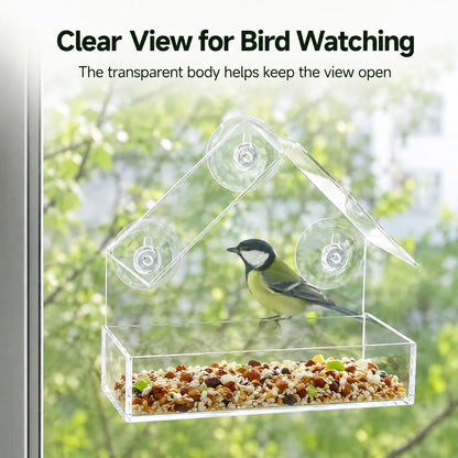 Clear Window Bird Feeder with Suction Cups - House-Shaped Tray for Bird Watching