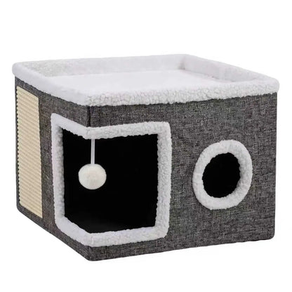Large Indoor Cat Bed, Soft Foldable Cat Cave with Sisal Scratch Pad and Hanging Fluffy Ball, 16.5" x 16.5" x 14", Grey