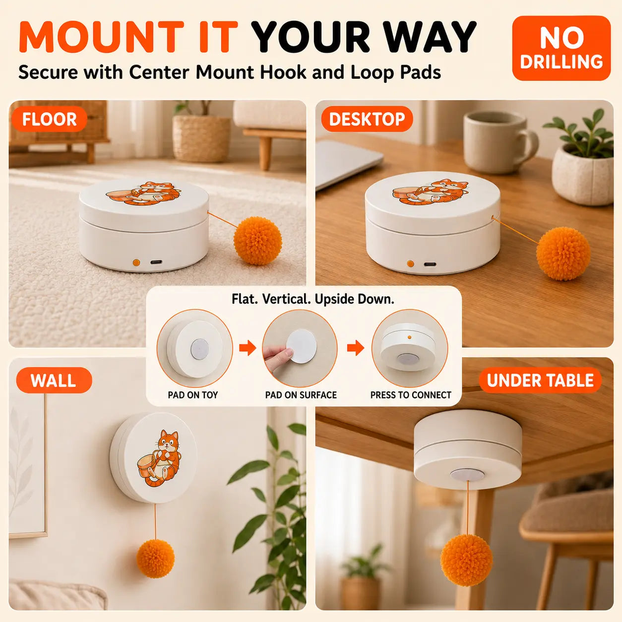 Smart Rotating Cat Teaser, Rechargeable Interactive Cat Toy with 5 Play Modes, Touch-To-Wake, Auto Sleep, Multi-Surface Mounting and Replaceable String for Indoor Cats & Kittens