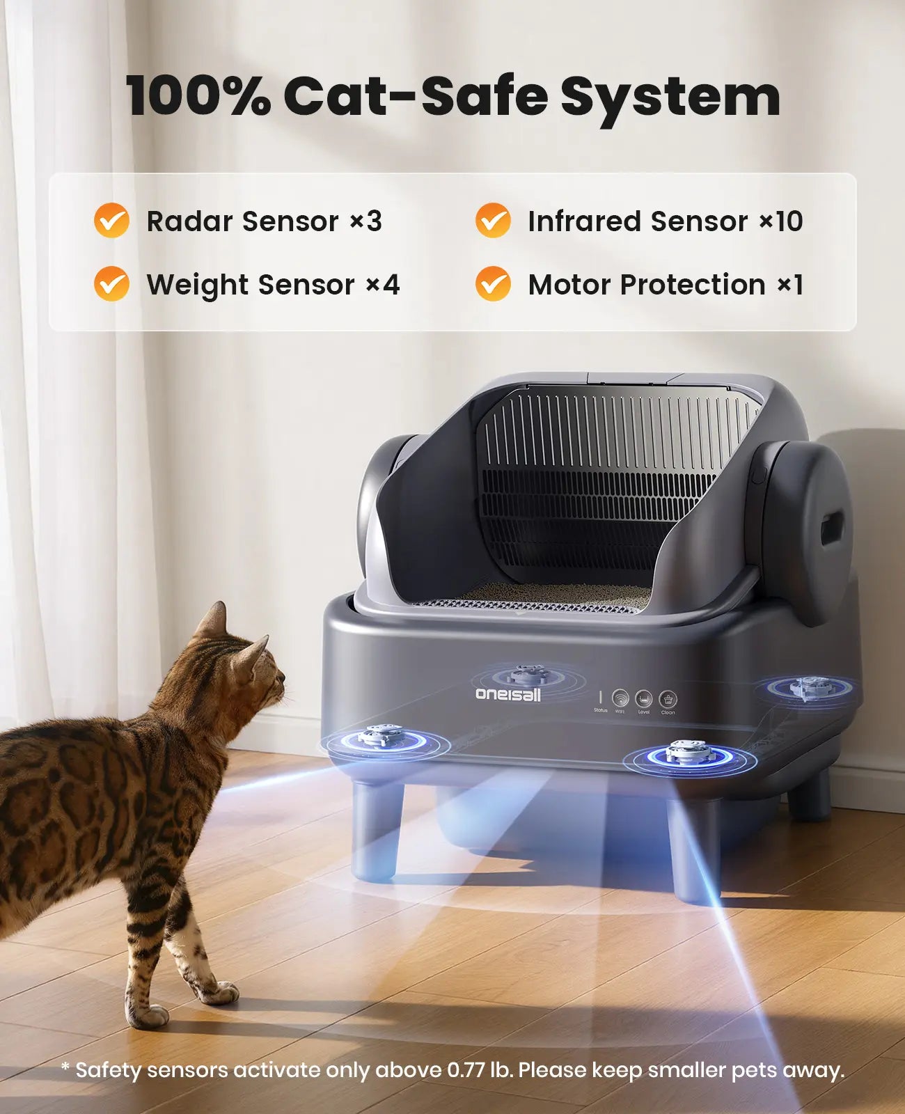 Oneisall Smart Self-Cleaning Litter Box , Open-Top Easy Rinse Structure, APP Remote Control, 11L Big Waste Drawer for Adult Large Cats