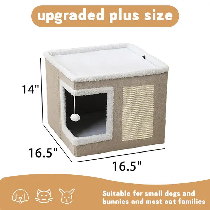 Large Indoor Cat Bed, Soft Foldable Cat Cave with Sisal Scratch Pad and Hanging Fluffy Ball, 16.5" x 16.5" x 14", Grey