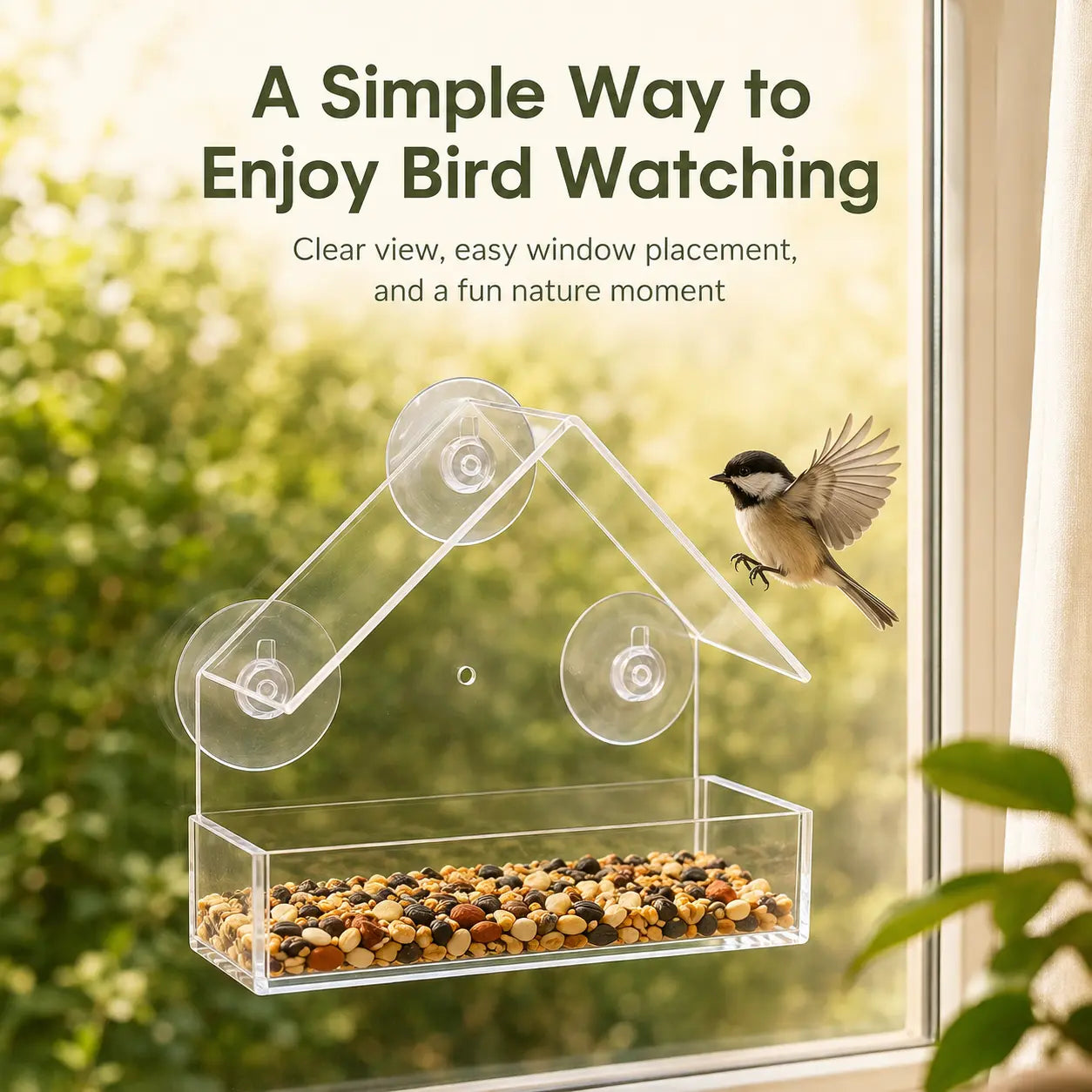 Clear Window Bird Feeder with Suction Cups - House-Shaped Tray for Bird Watching