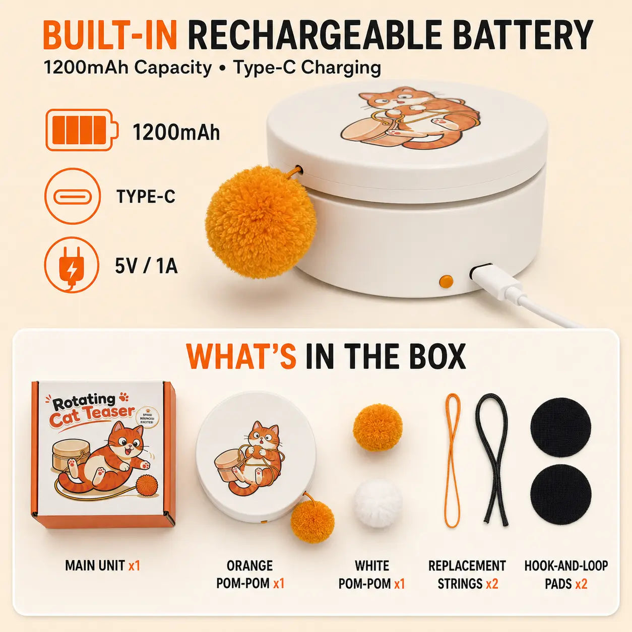 Smart Rotating Cat Teaser, Rechargeable Interactive Cat Toy with 5 Play Modes, Touch-To-Wake, Auto Sleep, Multi-Surface Mounting and Replaceable String for Indoor Cats & Kittens